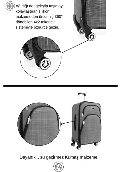 Büyük Boy 4 Teker Kumaş Valiz Gri 1081 modelleri