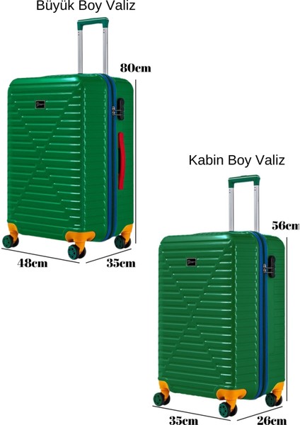 Büyük Ve Kabin Boy 2'li Valiz Seti %100 Polikarbon Valiz 4x2 Teker Yeşil 1088