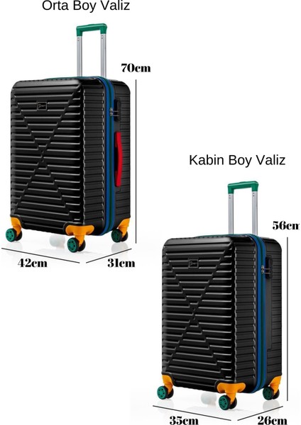 Orta Ve Kabin Boy 2'li Valiz Seti %100 Polikarbon Valiz 4x2 Teker Siyah 1088