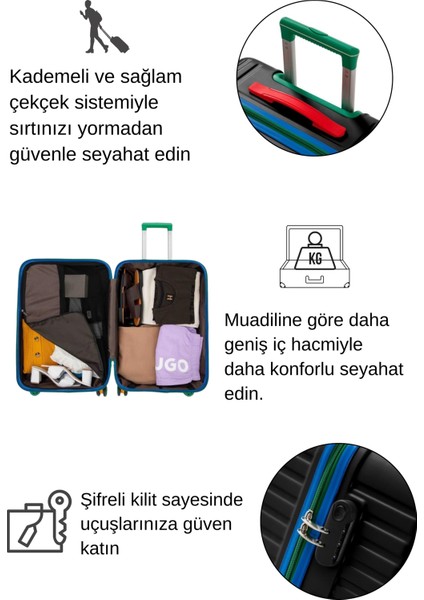 Orta Ve Kabin Boy 2'li Valiz Seti %100 Polikarbon Valiz 4x2 Teker Siyah 1088