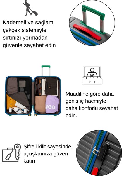 Orta Ve Kabin Boy 2'li Valiz Seti %100 Polikarbon Valiz 4x2 Teker Antrasit 1088