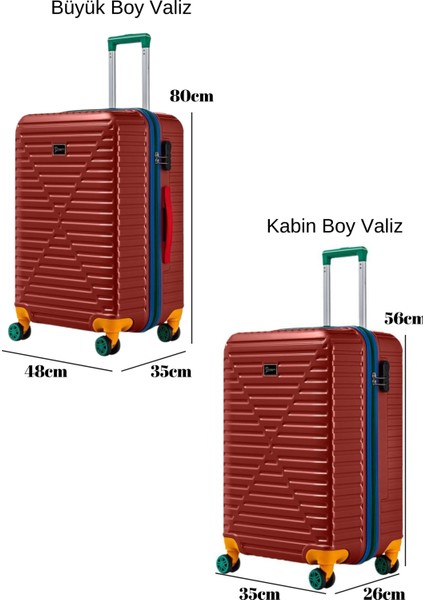 Büyük Ve Kabin Boy 2'li Valiz Seti %100 Polikarbon Valiz 4x2 Teker Bordo 1088