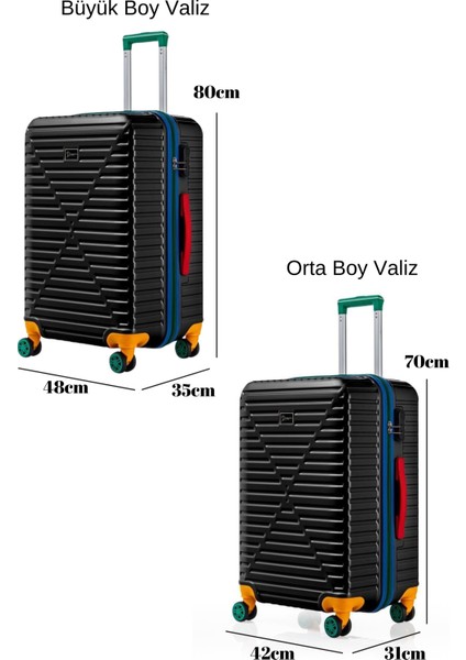 Büyük Ve Orta Boy 2'li Valiz Seti %100 Polikarbon Valiz 4x2 Teker Siyah 1088