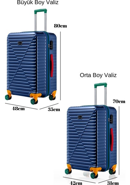 Büyük Ve Orta Boy 2'li Valiz Seti %100 Polikarbon Valiz 4x2 Teker Lacivert 1088