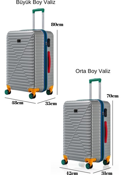 Büyük Ve Orta Boy 2'li Valiz Seti %100 Polikarbon Valiz 4x2 Teker Gri 1088