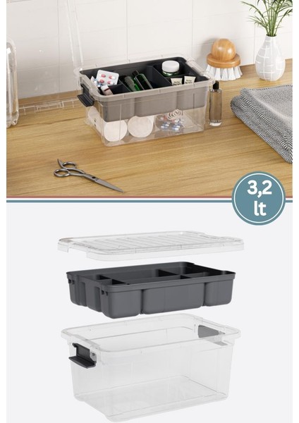 Kilitli Bölmeli Saklama Kutusu, Bujiteri Takı Ilaç Dikiş Ip Kırtasiye Oyuncak Organizer 3,2 Litre