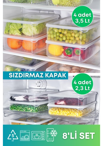 8'li Set 2,3 Lt ve 3,5 Lt Sızdırmaz Derin Dondurucu Buzluk Saklama Kabı Seti Şeffaf