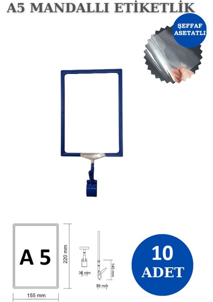 10 Adet Beyaz A5 Mandallı Etiketi - Sepet, Stand, Teşhir, Askılık, Çerçeveli Etiketi