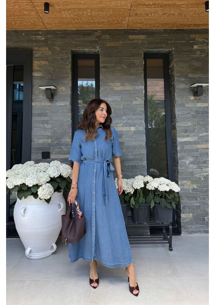 Gömlek Yaka Kısa Kollu Uzun Denim Elbise