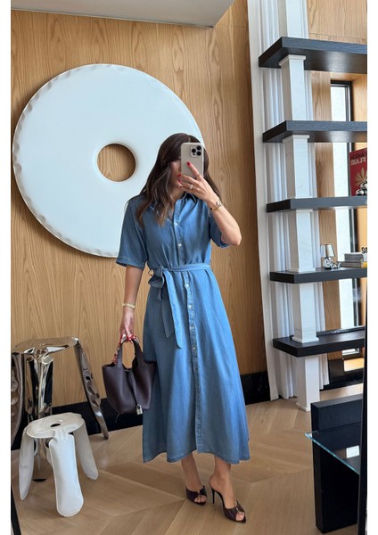 Gömlek Yaka Kısa Kollu Uzun Denim Elbise