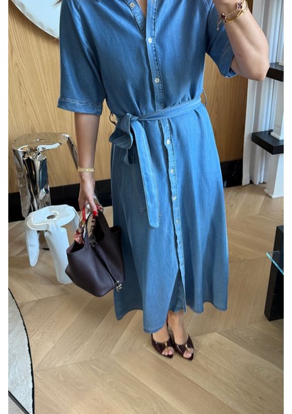 Gömlek Yaka Kısa Kollu Uzun Denim Elbise