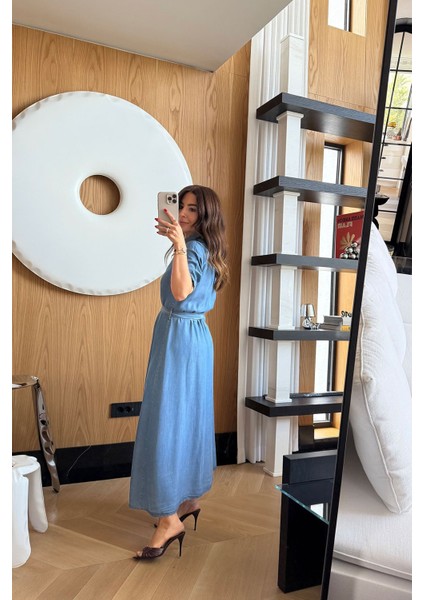 Gömlek Yaka Kısa Kollu Uzun Denim Elbise