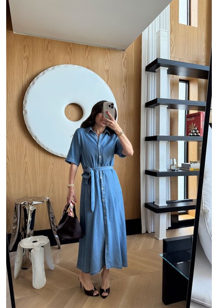 Gömlek Yaka Kısa Kollu Uzun Denim Elbise