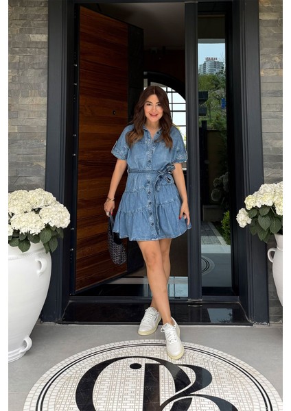 Gömlek Yaka Boydan Düğmeli Denim Elbise