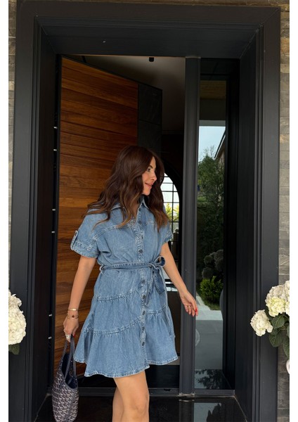 Gömlek Yaka Boydan Düğmeli Denim Elbise