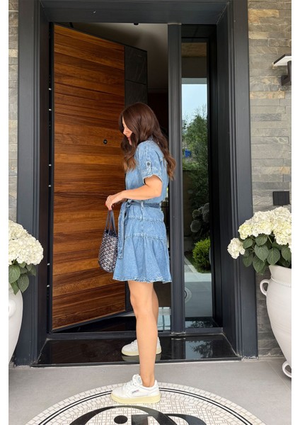 Gömlek Yaka Boydan Düğmeli Denim Elbise
