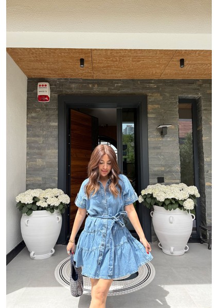 Gömlek Yaka Boydan Düğmeli Denim Elbise