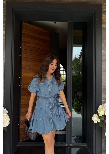 Gömlek Yaka Boydan Düğmeli Denim Elbise