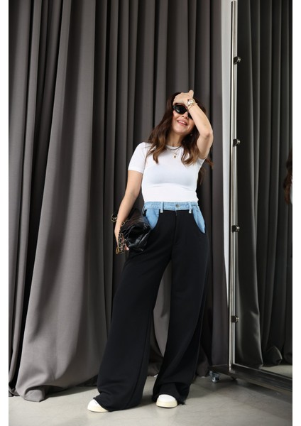 Beli Denim Parçalı Rahat Pantolon