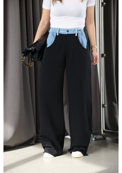 Beli Denim Parçalı Rahat Pantolon