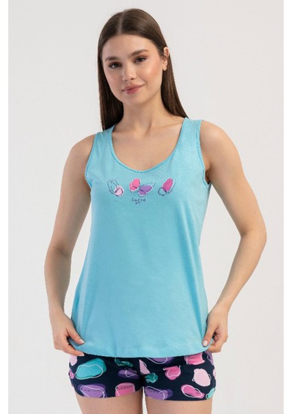 Kadın Kalın Askı Turkuaz Şortlu Pijama Takım C2T5N2O804