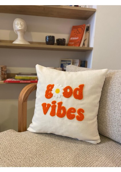 Good Vibes Işlemeli Pamuklu 43X43CM Kırlent Yastık Kılıfı - Punch Işlemeli Yastık Kılıfı