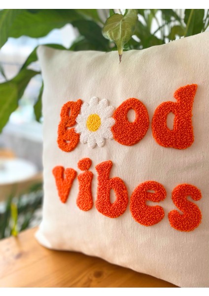 Good Vibes Işlemeli Pamuklu 43X43CM Kırlent Yastık Kılıfı - Punch Işlemeli Yastık Kılıfı