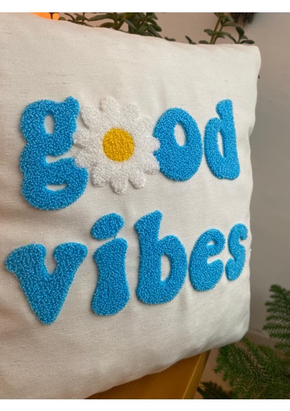 Good Vibes Işlemeli Pamuklu 43X43CM Kırlent Yastık Kılıfı - Punch Işlemeli Yastık Kılıfı