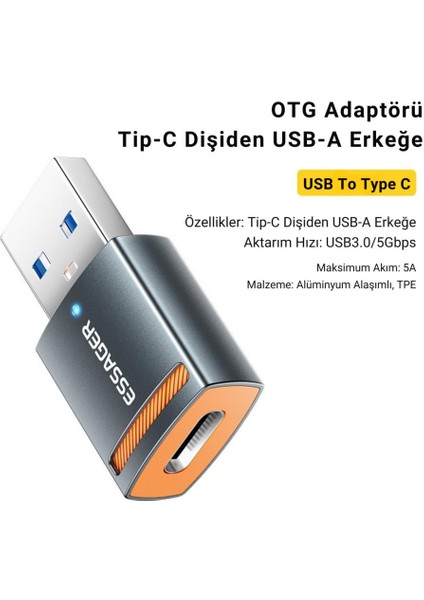 Essager LED Işıklı Usb3.0 To Type-C Otg Dönüştürücü Adaptör, 5gbps Veri Aktarım USB Type-C Dönüştürücü Adaptör