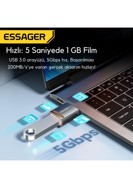 Essager LED Işıklı Usb3.0 To Type-C Otg Dönüştürücü Adaptör, 5gbps Veri Aktarım USB Type-C Dönüştürücü Adaptör