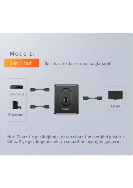 Essager 2 Port 4K*2K@30Hz Hdmi Çoklayıcı Adaptör 2 Modlu Hdmi Çoklayıcı 2 Port HDMI Çoklayıcı Switch Full Hd