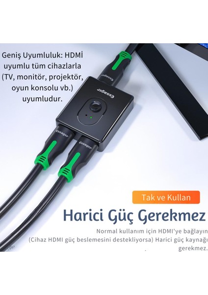 Essager 2 Port 4K*2K@30Hz Hdmi Çoklayıcı Adaptör 2 Modlu Hdmi Çoklayıcı 2 Port HDMI Çoklayıcı Switch Full Hd
