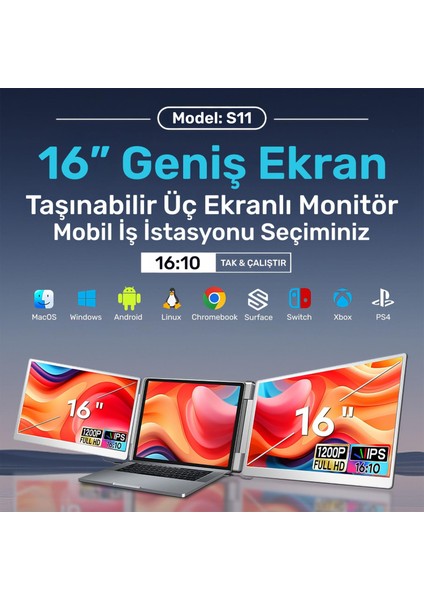 NPM11 16" Fhd 1200P IPS Type-C Taşınabilir 2'li Monitör Çoklayıcı Standlı Notebook Monitör