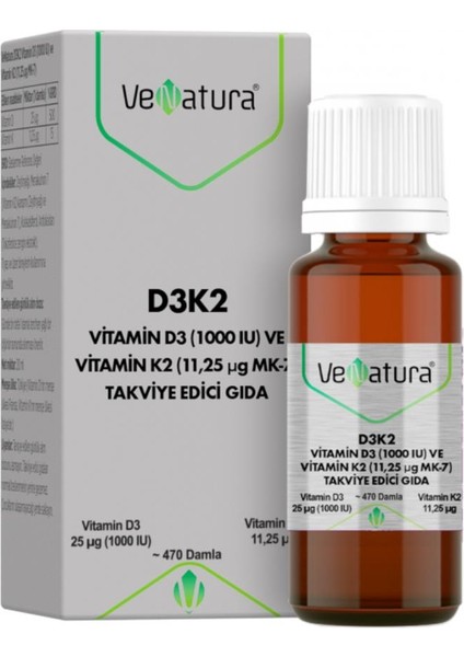 D3K2 Vitamin D3 Ve Vitamin K2 Damla Takviye Edici Gıda 20 ml