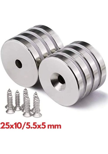 25 x 10-5.5 x 5 mm Neodyum Mıknatıs 5 Adet, YUVARLAK,N35 Nikel Kaplamalı