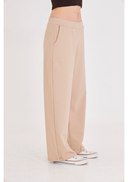 Kadın Geniş Paça Pamuklu Eşofman Altı Bej 5609-B indirimleri