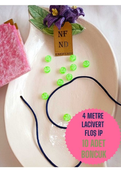 ENEFENDİ 4 Metre Lacivert Floş Ip ve 10 Adet Gülen Yüz Yeşil Boncuk Bileklik Aparatı Sert Plastik Hediye