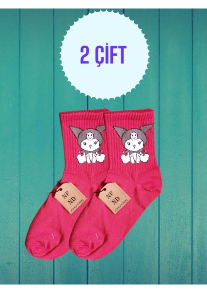 2 Çift Kuromi Sanrio Pembe Renk Çorap Yumuşak Kısa Konç Desenli Şık Rahat 36-40