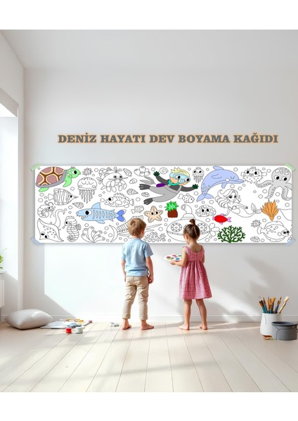 Deniz Hayatı Temalı Dev Boyama Kağıdı 2,5 Metre Rulo Boyama Kağıdı Çocuk Anaokulu ve Kreşler Için Aktivite- Çocuk Eğitici Boyama