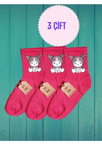 3 Çift Kuromi Sanrio Pembe Renk Çorap Yumuşak Kısa Konç Desenli Şık Rahat 36-40