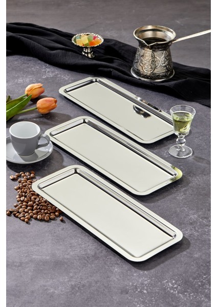 Elegante Baton Serisi Krom Sunum Tepsisi, Söz Nişan Tepsisi, 33X13CM, Avangart Dizayn, 3 Adet