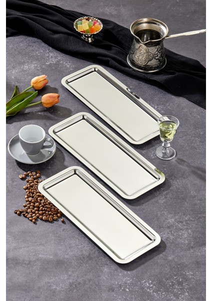 Elegante Baton Serisi Krom Sunum Tepsisi, Söz Nişan Tepsisi, 33X13CM, Avangart Dizayn, 3 Adet