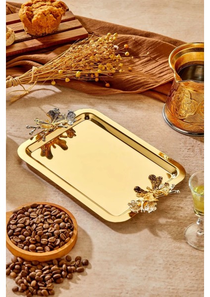 1 Adet Elegante Gold Serisi Duo Volo Prezioso Kulp Desenli Sunum Tepsi Söz Nişan Tepsisi 22X16CM