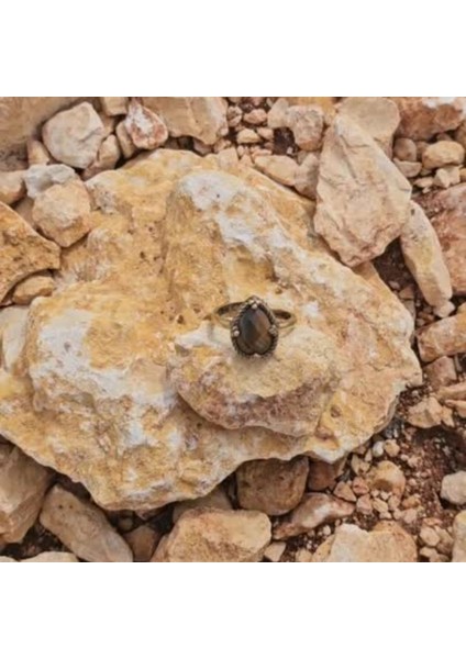 Saf Bakır Damla Kesim Doğal Taşlı Yüzük - Ayarlanabilir Otantik Kadın El Yapımı Yüzük - Kaplan Gözü