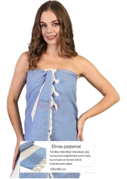 Elmas Desenli , 100 x 180 Mikrofiber Teknoloji ile Çabuk Kurur Peştemal Mavi Beyaz