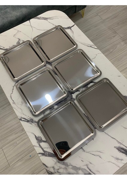 Lüx 6'lı Gümüş Kare Paslanmaz Çelik Çay,kahve Dekoratif Sunum, Servis Tepsisi