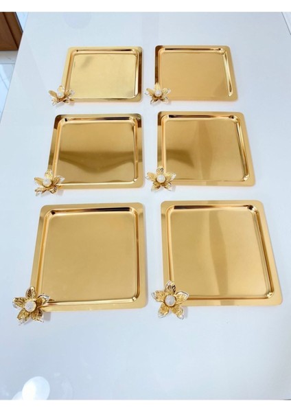 Lüx Zambak Çiçekli Paslanmaz Çelik Kare 6’lı Gold Kahve, Çay, Dekoratif Sunum Servis Tepsisi