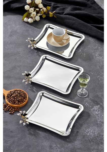 Elegante Square Serisi, Luna Nera Kulp Desenli Krom Sunum Söz Nişan Tepsisi, 22X22CM, 3 Adet