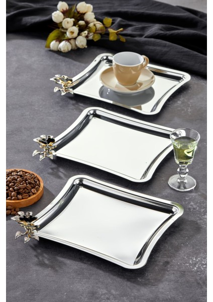 Elegante Square Serisi, Luna Nera Kulp Desenli Krom Sunum Söz Nişan Tepsisi, 22X22CM, 3 Adet