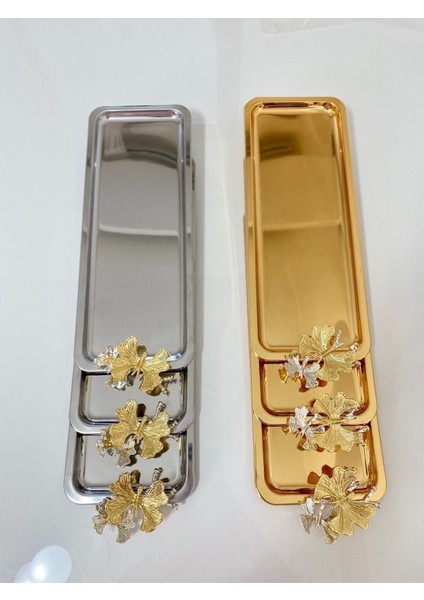 2 Farklı Renkte Lüx Kelebekli Gold ,gümüş Baton Servis ,çay ,kahve ,ikramlık ve Sunum Tepsisi